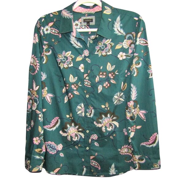 Talbots Teal Green Floral Button Front Top Womens Size M Cotton Long Sleeve - Picture 2 of 8